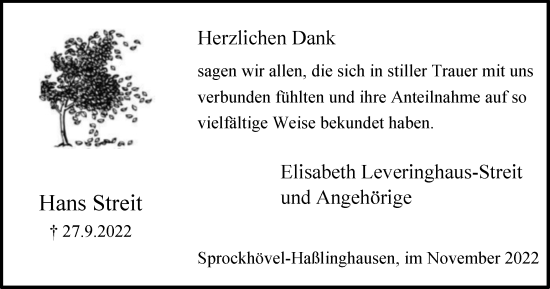 Traueranzeige von Hans Streit von Tageszeitung