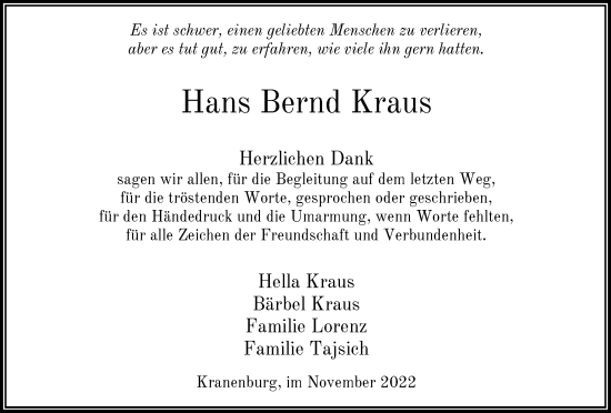 Traueranzeige von Hans Bernd Kraus von Tageszeitung