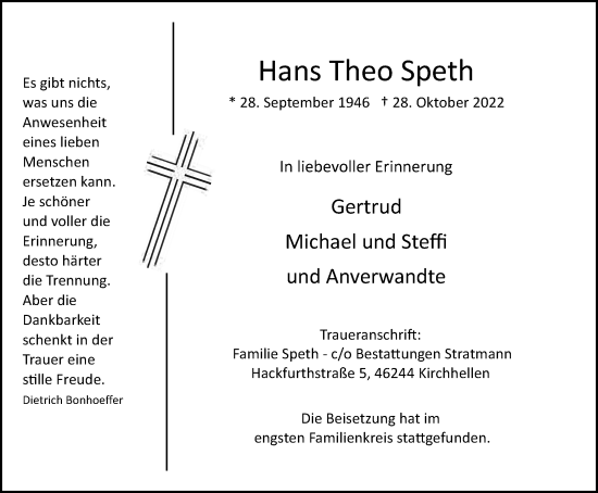 Traueranzeige von Hans Theo Speth von Tageszeitung