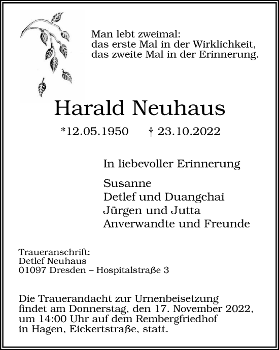 Traueranzeige von Harald Neuhaus von Tageszeitung