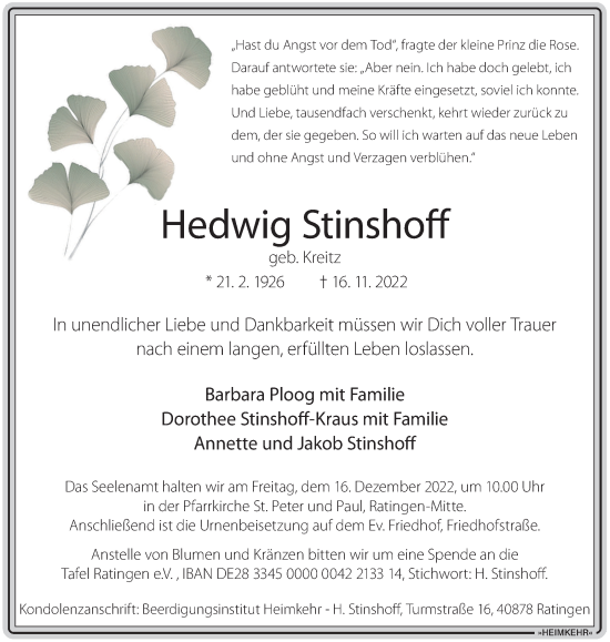 Traueranzeige von Hedwig Stinshoff von WVW Anzeigenblätter
