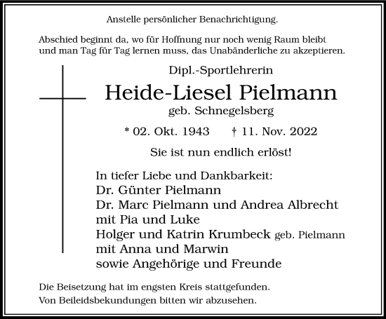 Traueranzeige von Heide-Liesel Pielmann von Tageszeitung