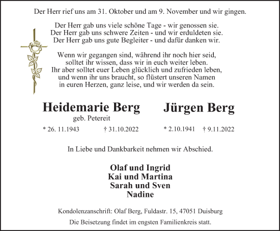 Traueranzeige von Heidemarie und Jürgen Berg von Tageszeitung