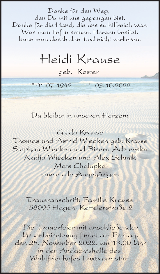 Traueranzeige von Heidi Krause von Tageszeitung