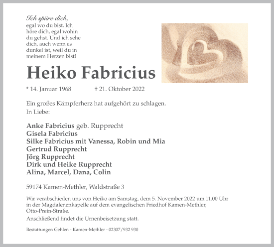 Traueranzeige von Heiko Fabricius von Tageszeitung