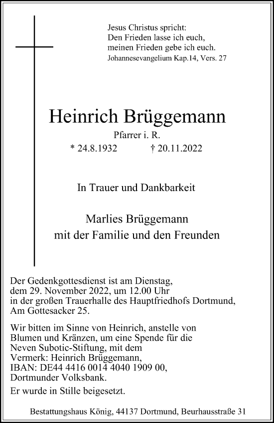 Traueranzeige von Heinrich Brüggemann von Tageszeitung