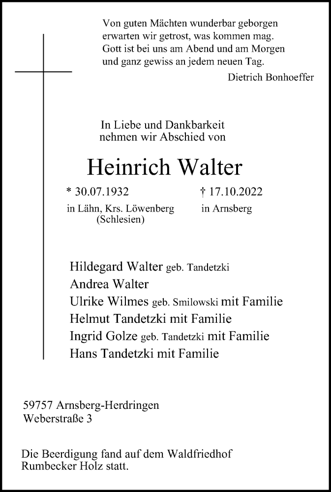  Traueranzeige für Heinrich Walter vom 03.11.2022 aus Tageszeitung