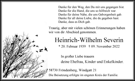 Traueranzeige von Heinrich-Wilhelm Severin von WVW Anzeigenblätter