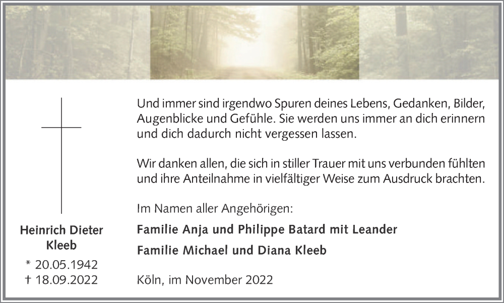  Traueranzeige für Heinrich Dieter Kleeb vom 05.11.2022 aus Tageszeitung
