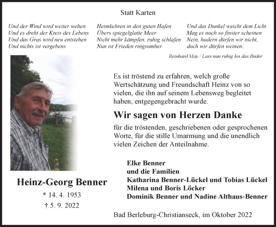 Traueranzeige von Heinz-Georg Benner von Tageszeitung