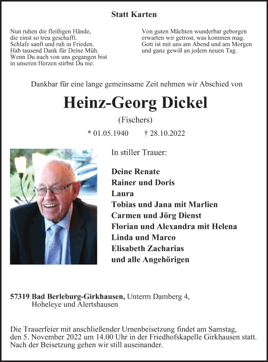 Traueranzeige von Heinz-Georg Dickel von Tageszeitung