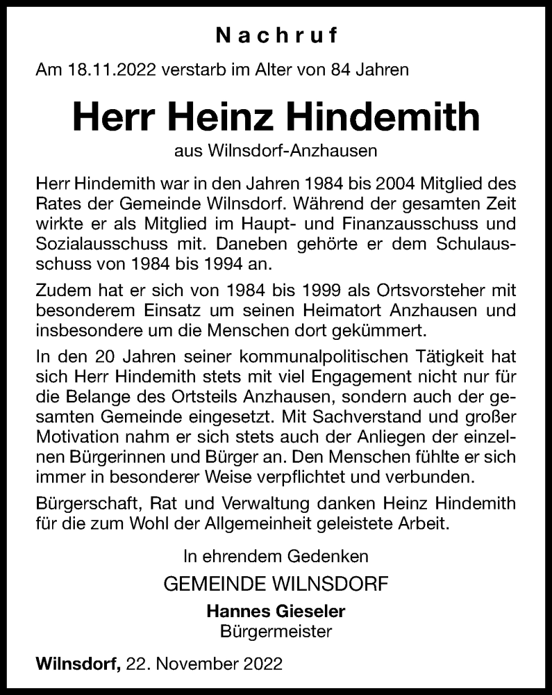  Traueranzeige für Heinz Hindemith vom 24.11.2022 aus Tageszeitung