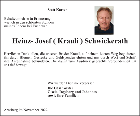 Traueranzeige von Heinz-Josef Schwickerath von Tageszeitung