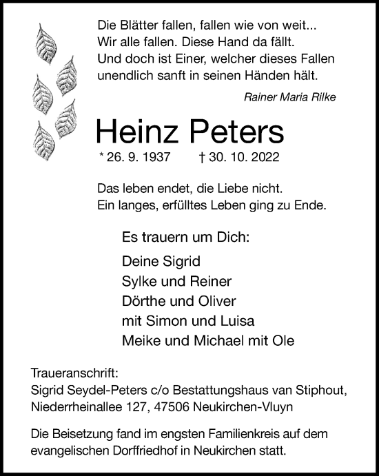 Traueranzeige von Heinz Peters von Tageszeitung