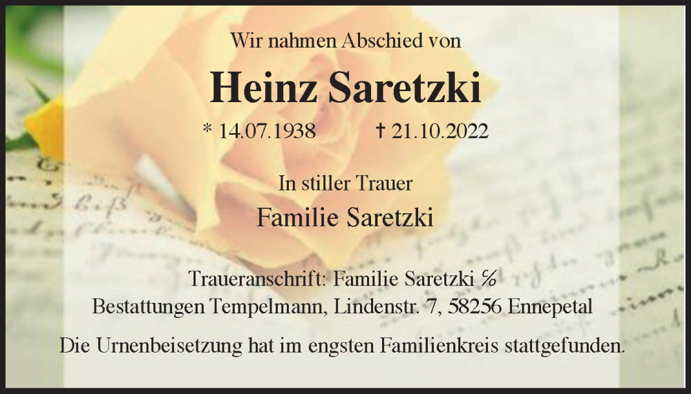  Traueranzeige für Heinz Saretzki vom 05.11.2022 aus Tageszeitung