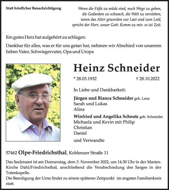 Traueranzeige von Heinz Schneider von Tageszeitung