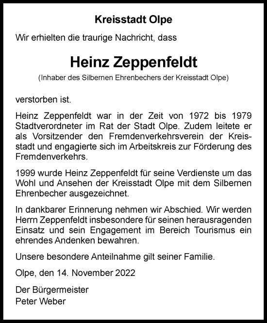 Traueranzeige von Heinz Zeppenfeldt von Tageszeitung