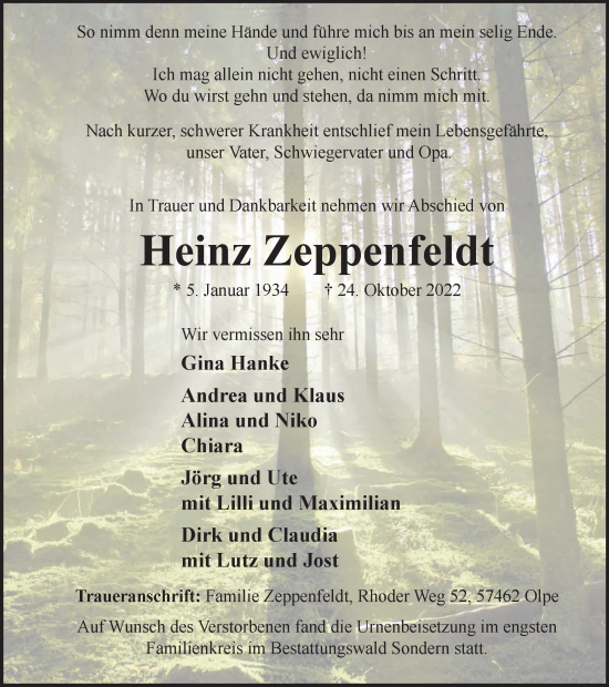 Traueranzeige von Heinz Zeppenfeldt von Tageszeitung