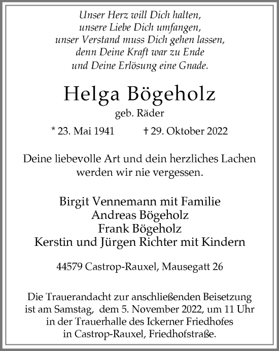 Traueranzeige von Helga Bögeholz von Tageszeitung
