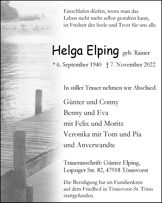 Traueranzeige von Helga Elping von Tageszeitung