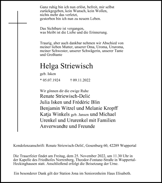 Traueranzeige von Helga Striewisch von Tageszeitung
