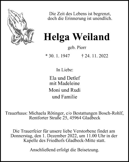Traueranzeige von Helga Weiland von Tageszeitung
