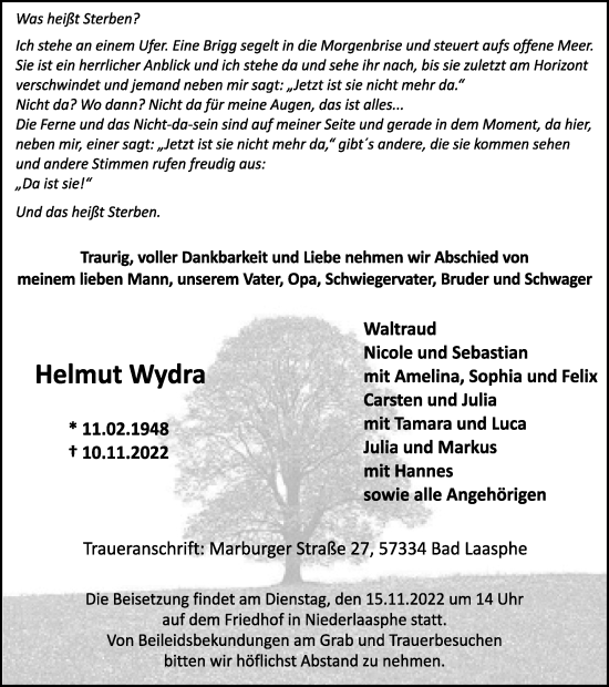 Traueranzeige von Helmut Wydra von Tageszeitung