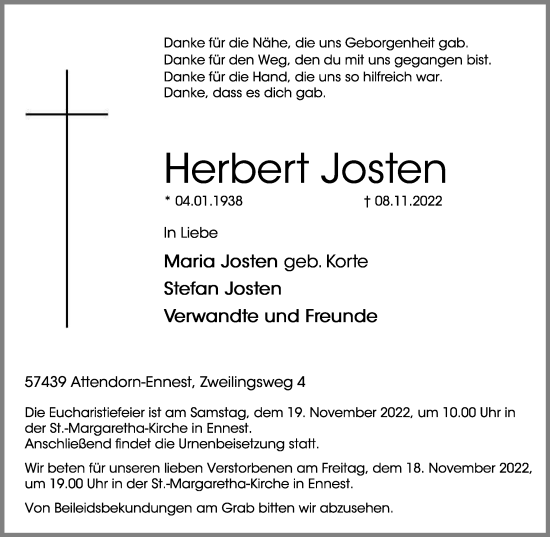 Traueranzeige von Herbert Josten von Tageszeitung