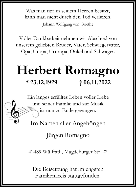Traueranzeige von Herbert Romagno von WVW Anzeigenblätter