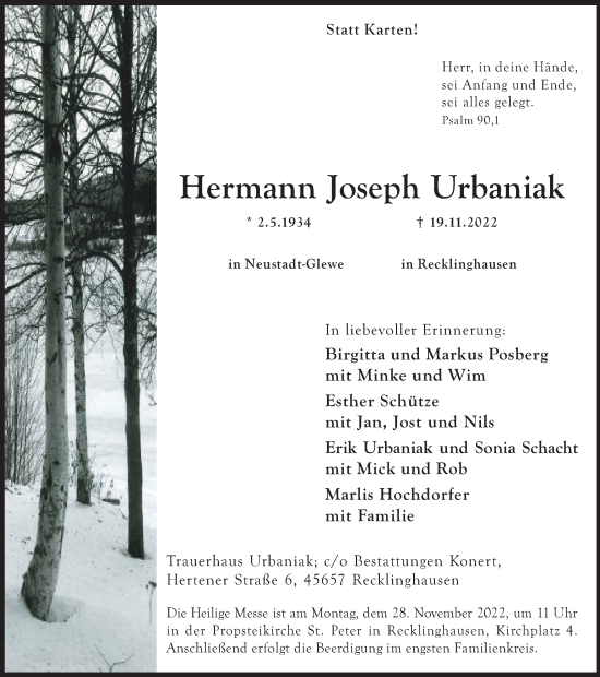 Traueranzeige von Hermann Joseph Urbaniak von Tageszeitung