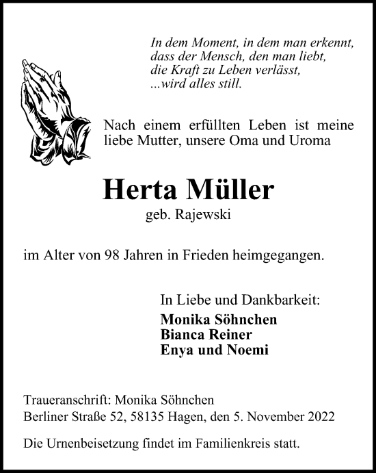 Traueranzeige von Herta Müller von Tageszeitung