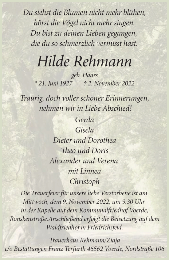 Traueranzeige von Hilde Rehmann von Tageszeitung