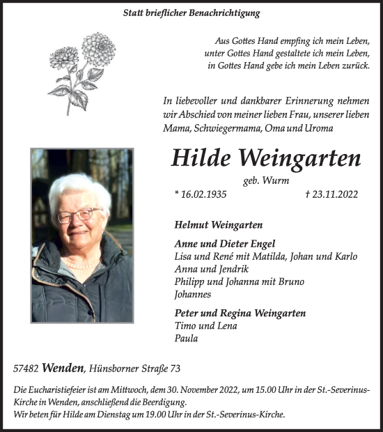 Traueranzeige von Hilde Weingarten von Tageszeitung