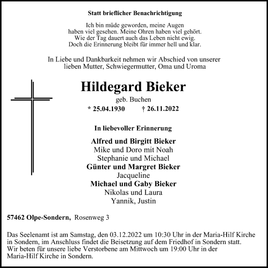 Traueranzeige von Hildegard Bieker von Tageszeitung