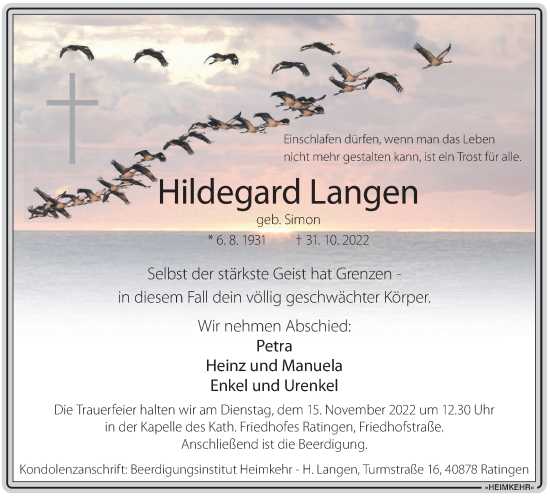 Traueranzeige von Hildegard Langen von Tageszeitung