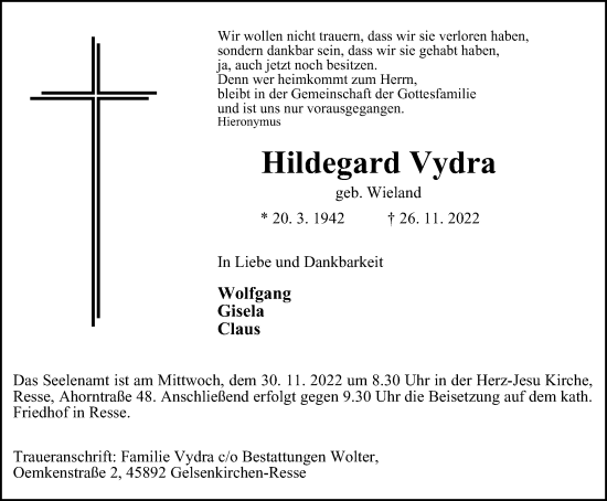 Traueranzeige von Hildegard Vydra von Tageszeitung