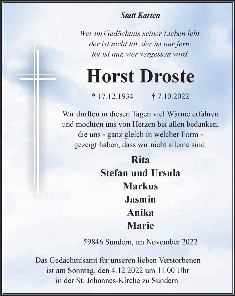  Traueranzeige für Horst Droste vom 29.11.2022 aus Tageszeitung
