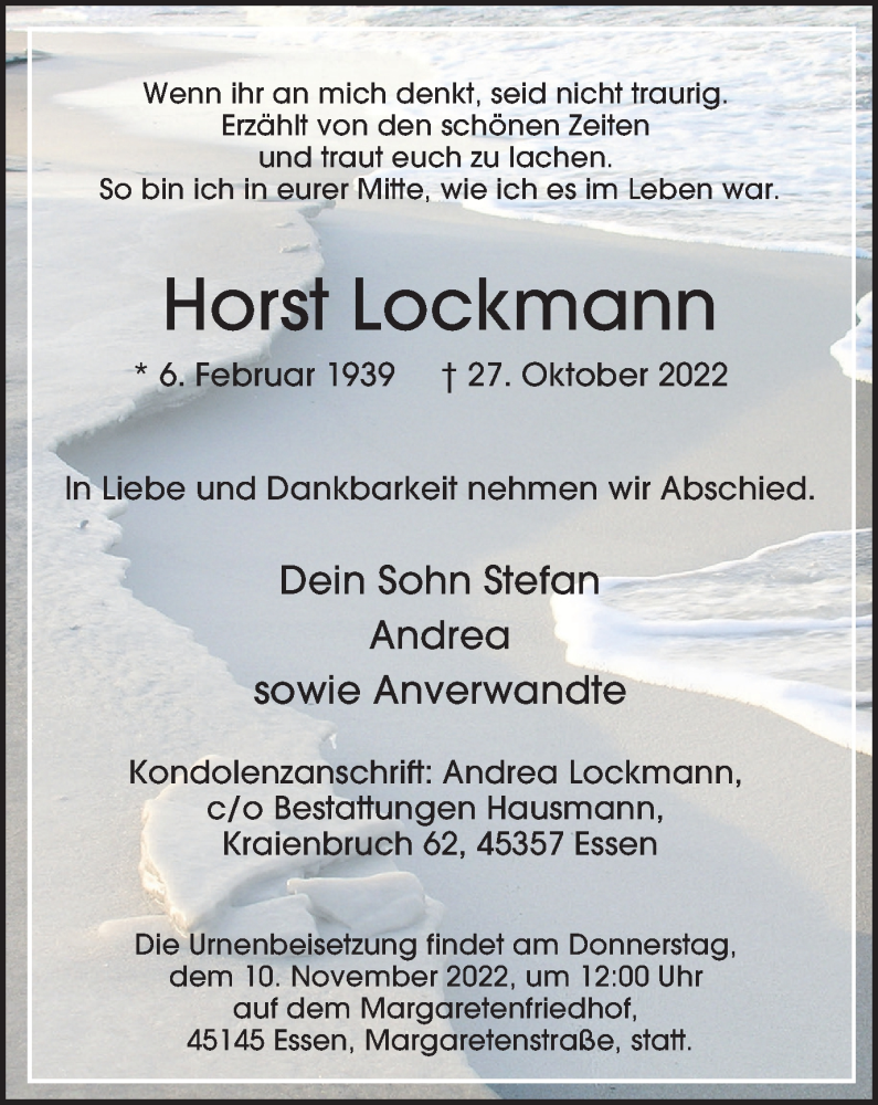  Traueranzeige für Horst Lockmann vom 05.11.2022 aus Tageszeitung