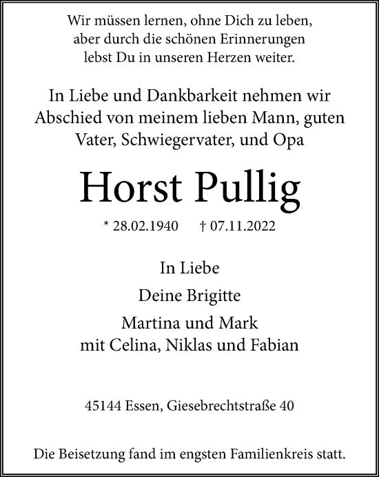 Traueranzeige von Horst Pullig von WVW Anzeigenblätter