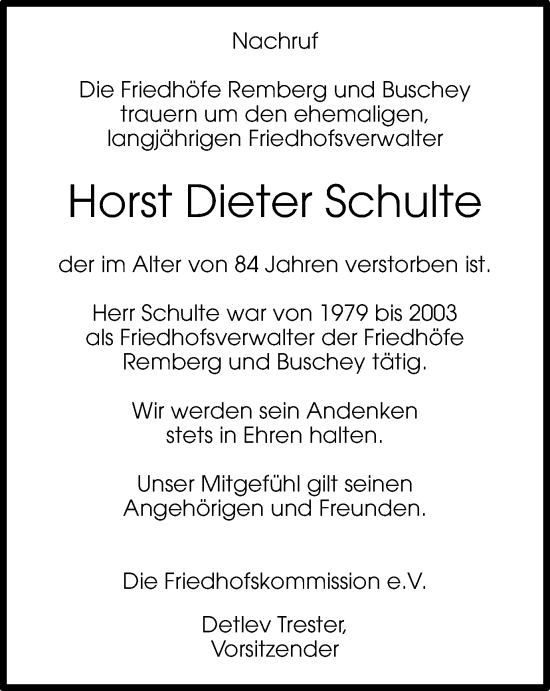 Traueranzeige von Horst Dieter Schulte von Tageszeitung