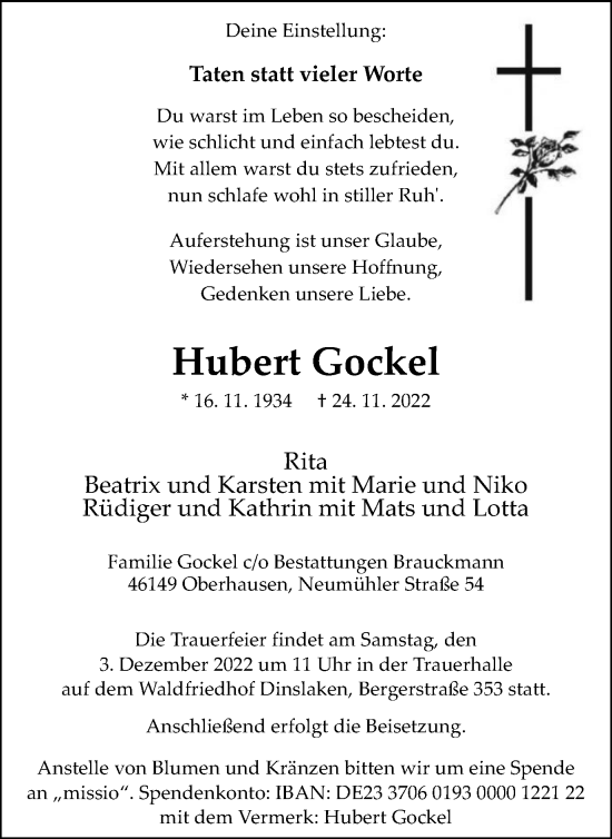 Traueranzeige von Hubert Gockel von Tageszeitung