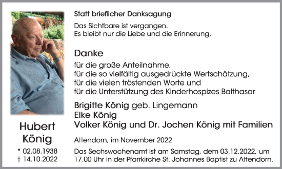 Traueranzeige von Hubert König von Tageszeitung