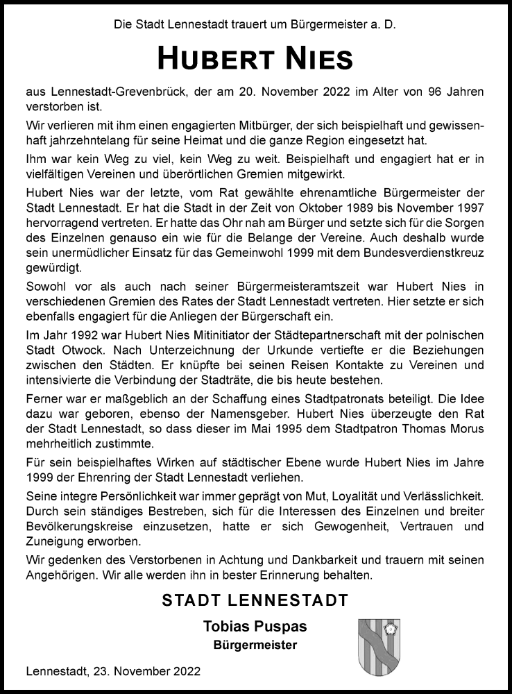  Traueranzeige für Hubert Nies vom 23.11.2022 aus Tageszeitung