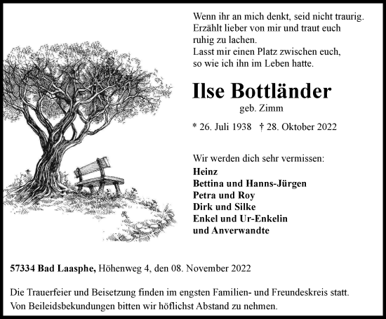 Traueranzeige von Ilse Bottländer von Tageszeitung