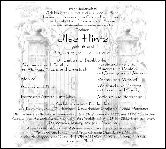 Traueranzeige von Ilse Hintz von Tageszeitung