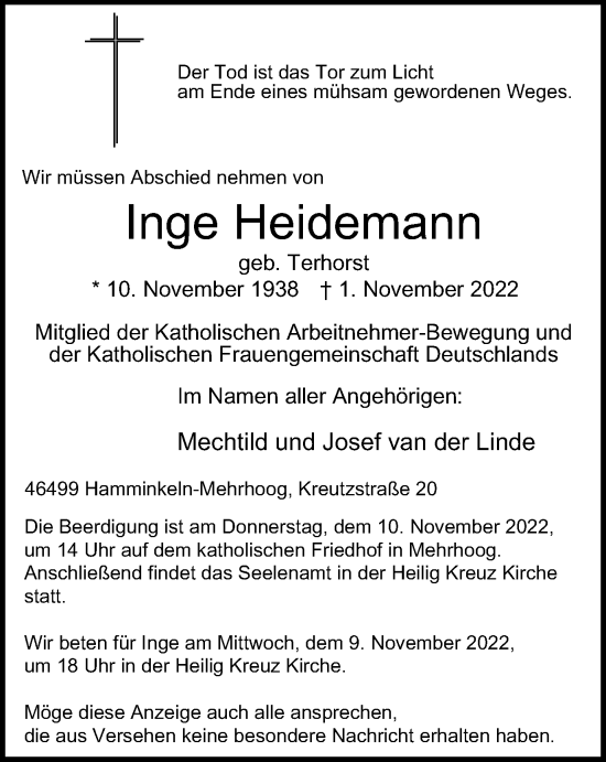 Traueranzeige von Inge Heidemann von Tageszeitung