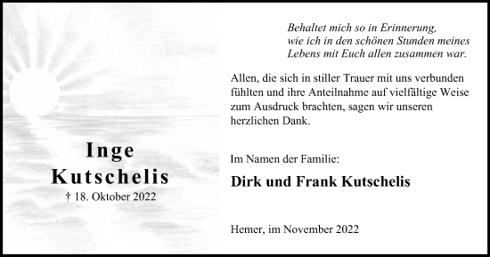 Traueranzeige von Inge Kutschelis von Tageszeitung