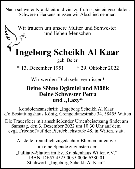 Traueranzeige von Ingeborg  Scheikh Al Kaar von WVW Anzeigenblätter
