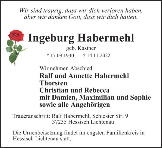 Traueranzeige von Ingeburg Habermehl von Tageszeitung