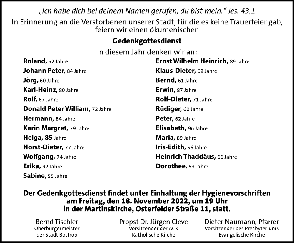  Traueranzeige für In Gedenken  vom 16.11.2022 aus Tageszeitung